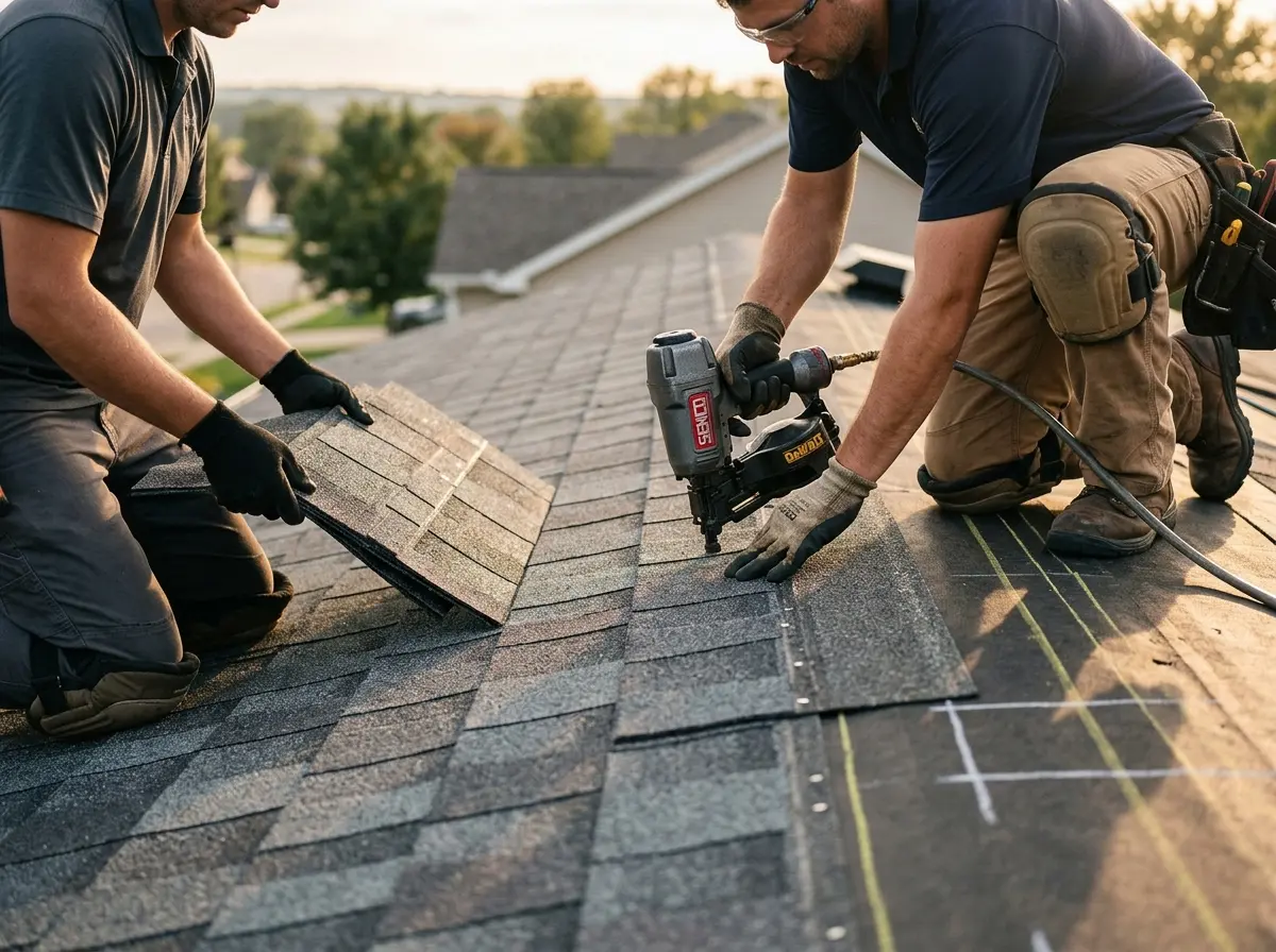 Professional roofer working on a residential roof in Newark